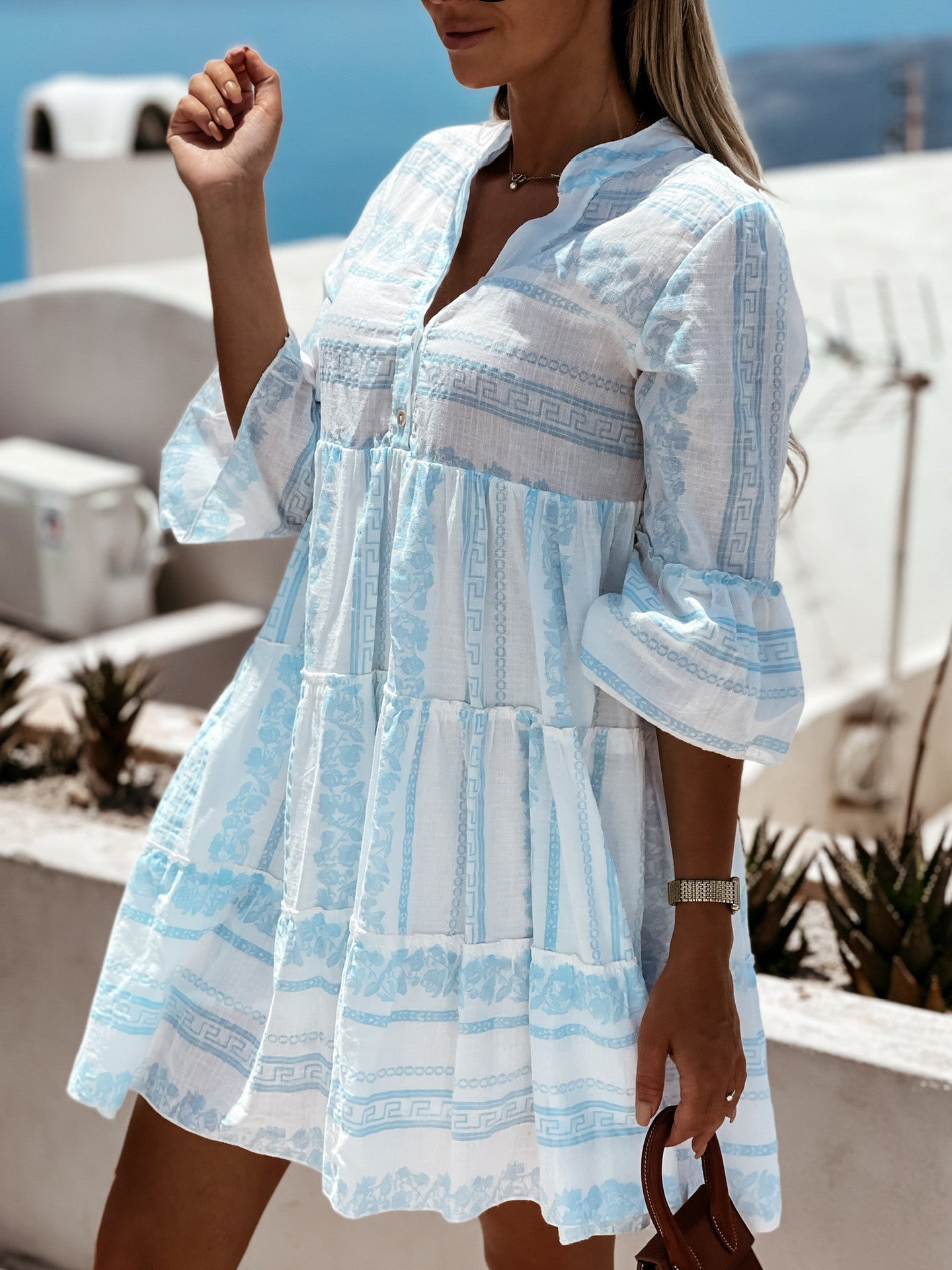 SOERA Beatrice Ruffle Boho Striped Mini Dress - Dress -  Blue L
