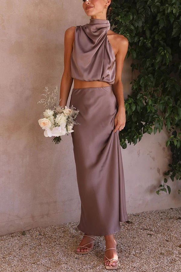 SOERA Beatrice Two - Piece Satin Wedding Guest Set - Dress -  Mocha S