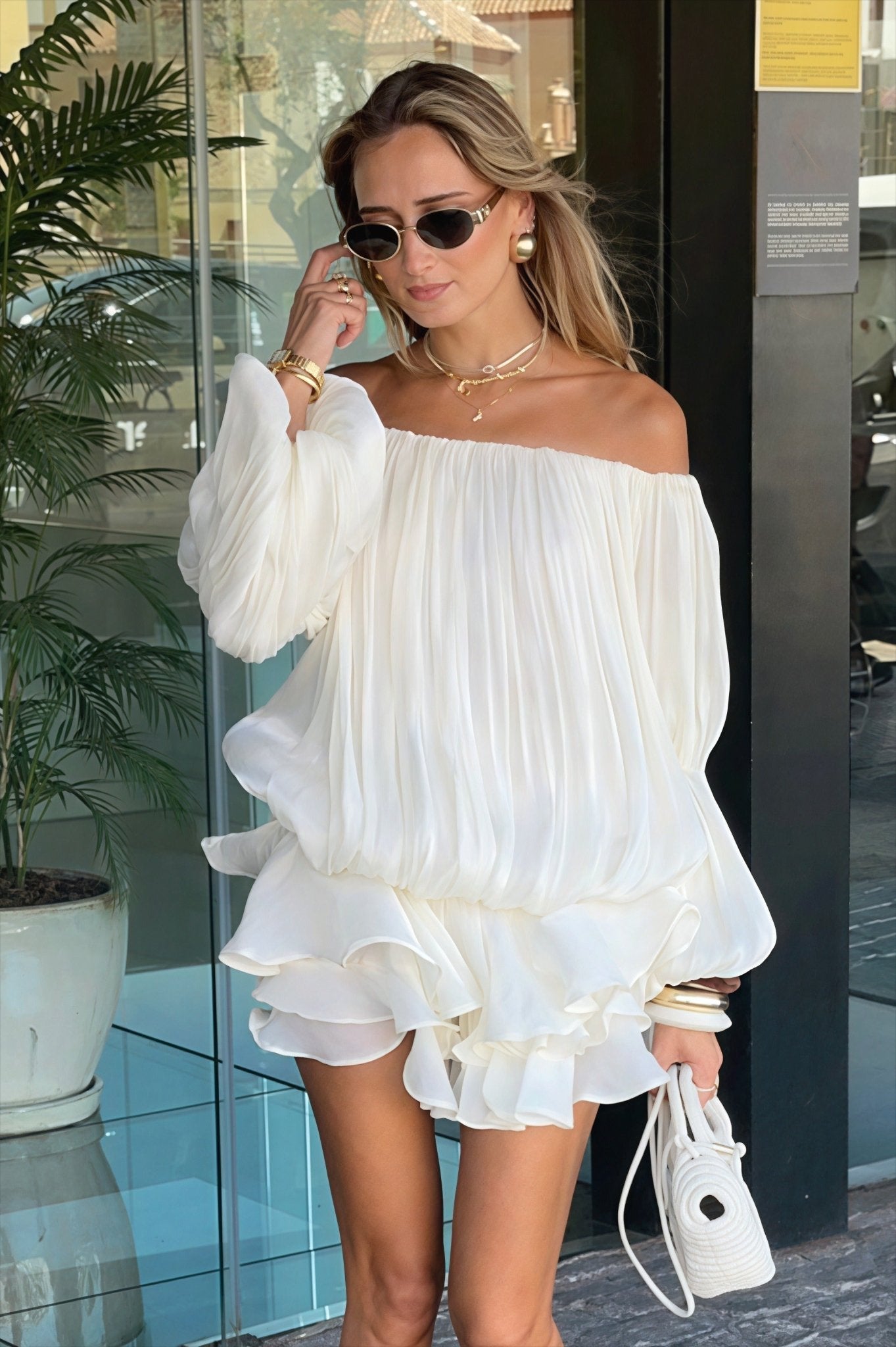 SOERA Bianca Off - Shoulder Ruffle Tiered Mini Dress - Dress -  White S