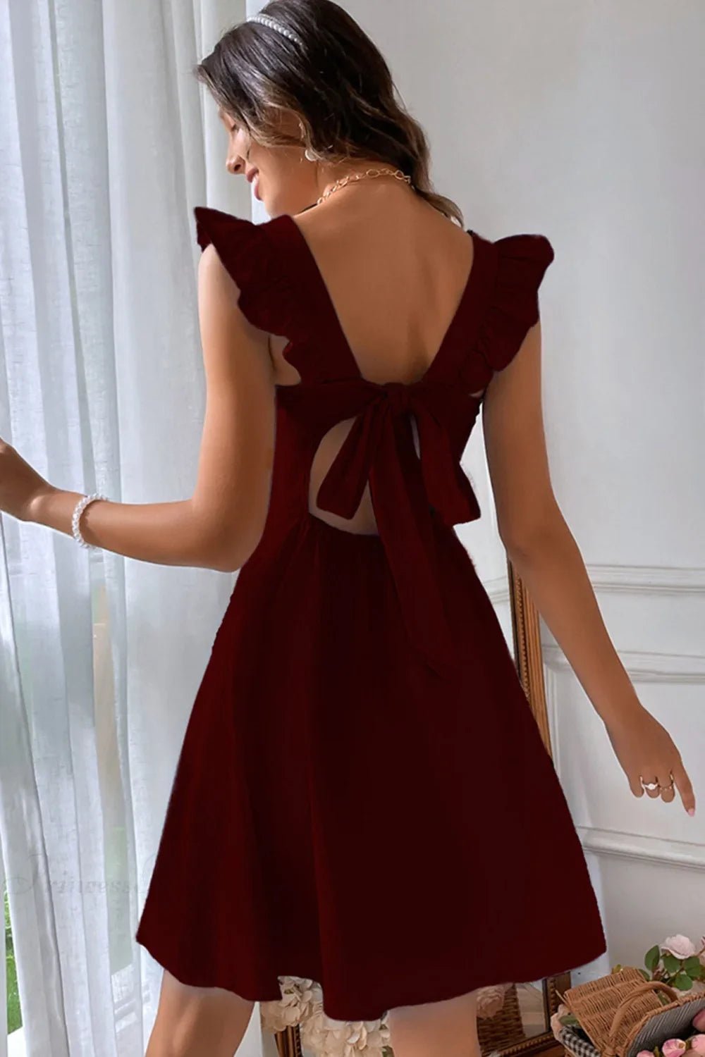 SOERA Bianca Sleeveless Mini Dress with Ruffle Tie - back - Dress -  Burgundy XS