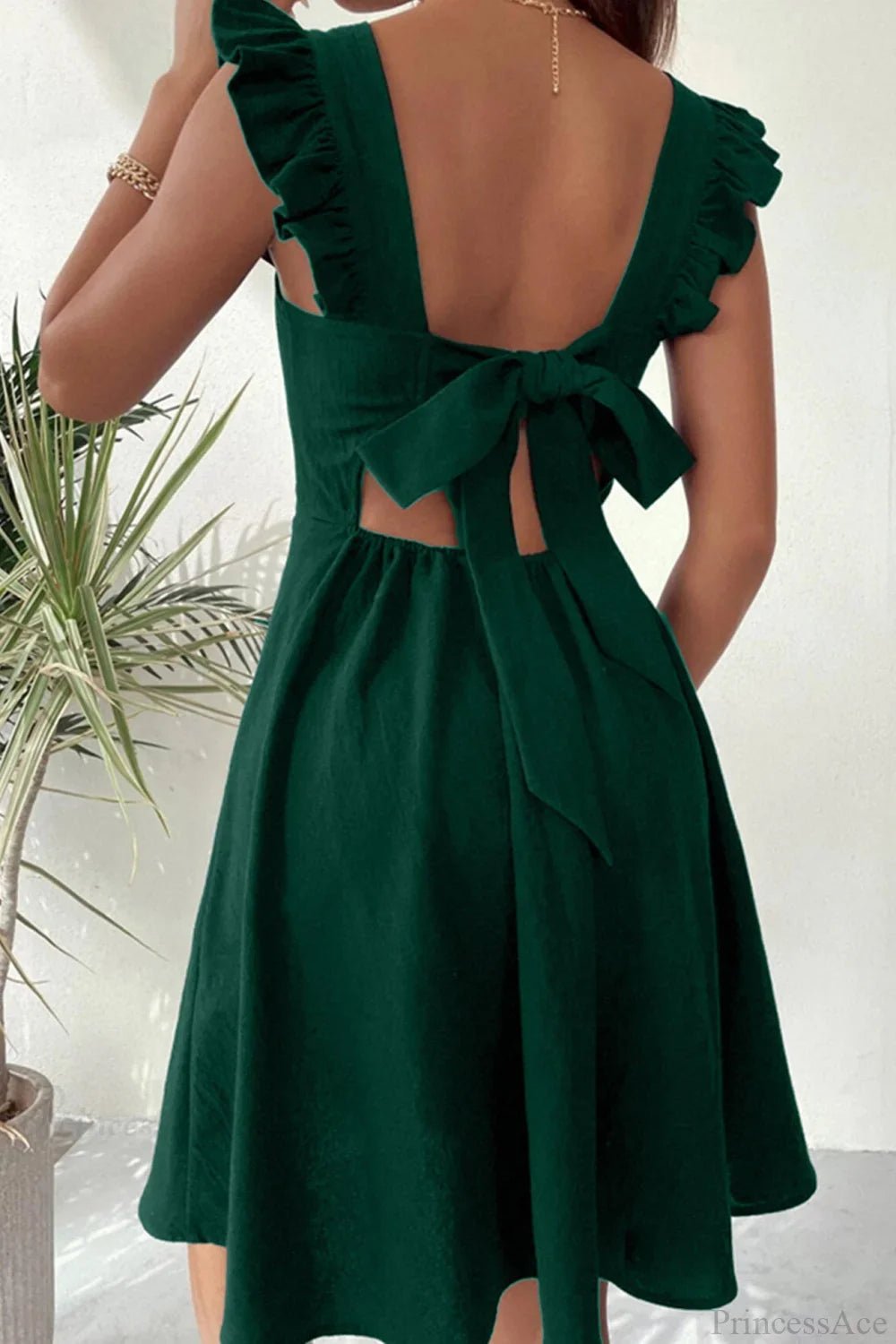 SOERA Bianca Sleeveless Mini Dress with Ruffle Tie - back - Dress -  Dark Green XS