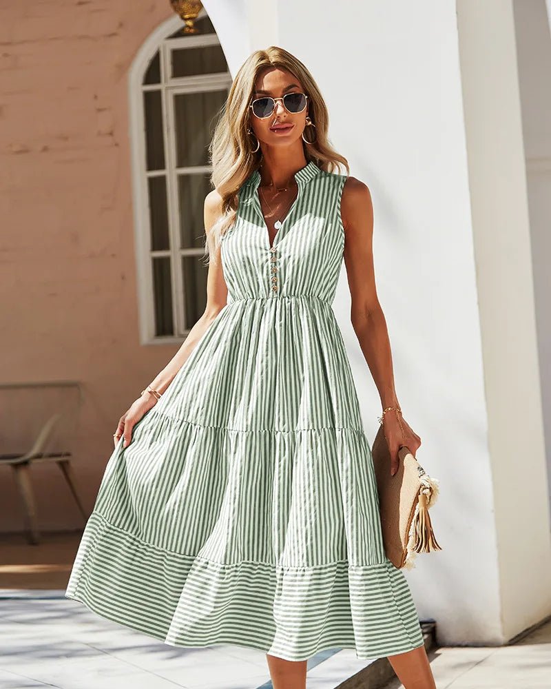 SOERA Bianca Striped V - Neck Sleeveless Shirt Dress - Dress -  Olive S