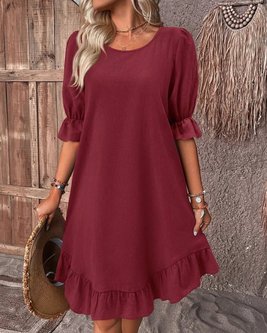 SOERA Celeste Ruffle Hem Smock Dress - Dress -  Burgundy S