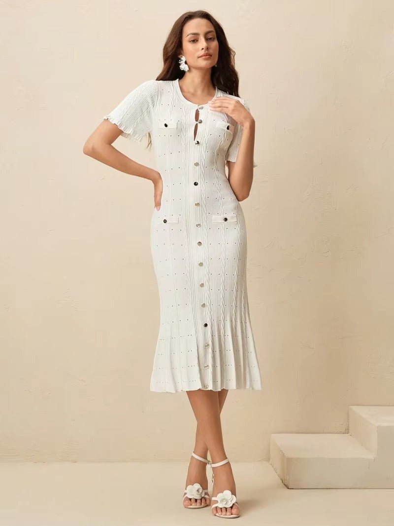 SOERA Erlinda Button - Front Knit Midi Dress - Dress -  White S