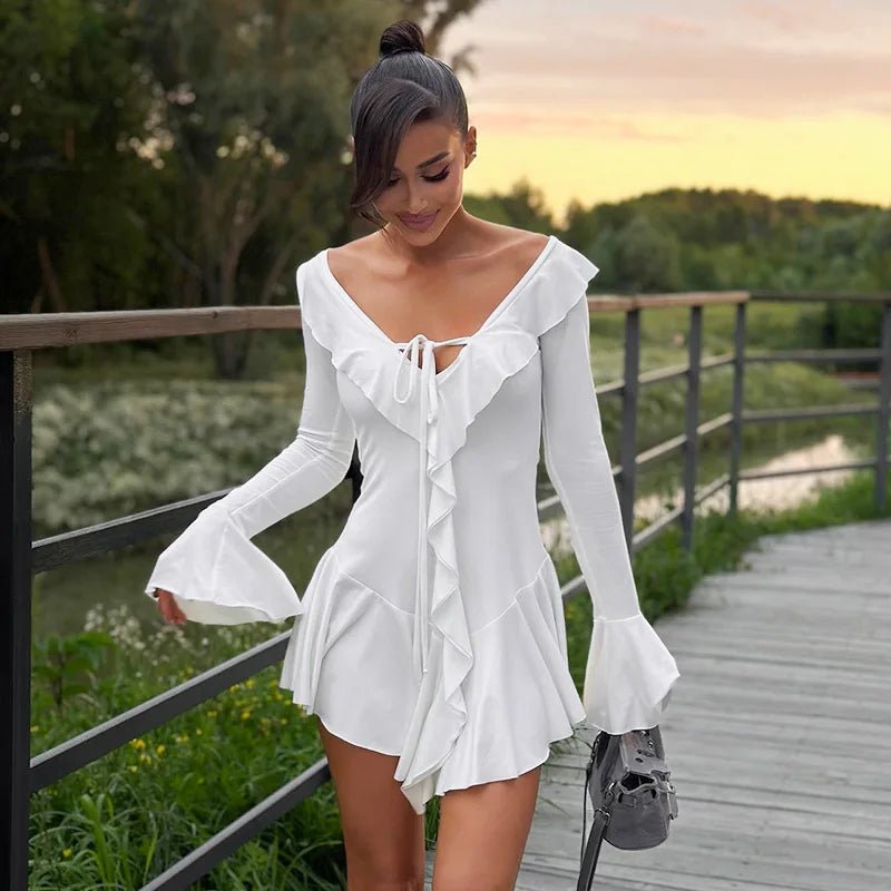 SOERA Iris V-Neck Ruffle Mini Dress - Dress - SOERA-252867-WHI-L-54083 L