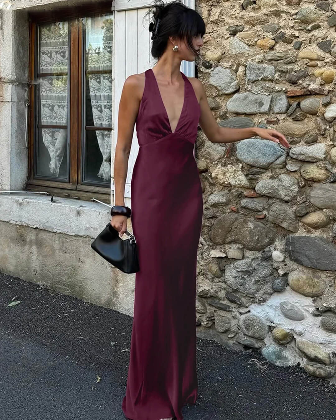 SOERA Joyce Wine Red Satin Halter Maxi Dress - Dress -  M
