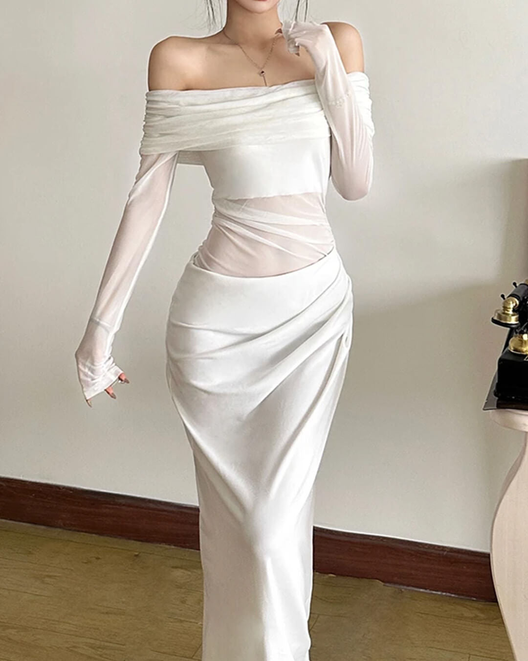 SOERA Shiela Ruched Mesh Maxi Dress - Dress -  White M