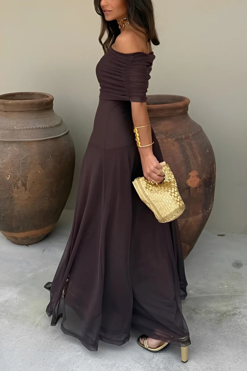 SOERA Sienna Off-Shoulder Ruched Maxi Dress - Dress - SOERA-616515-S-BROWN-71651 Brown S
