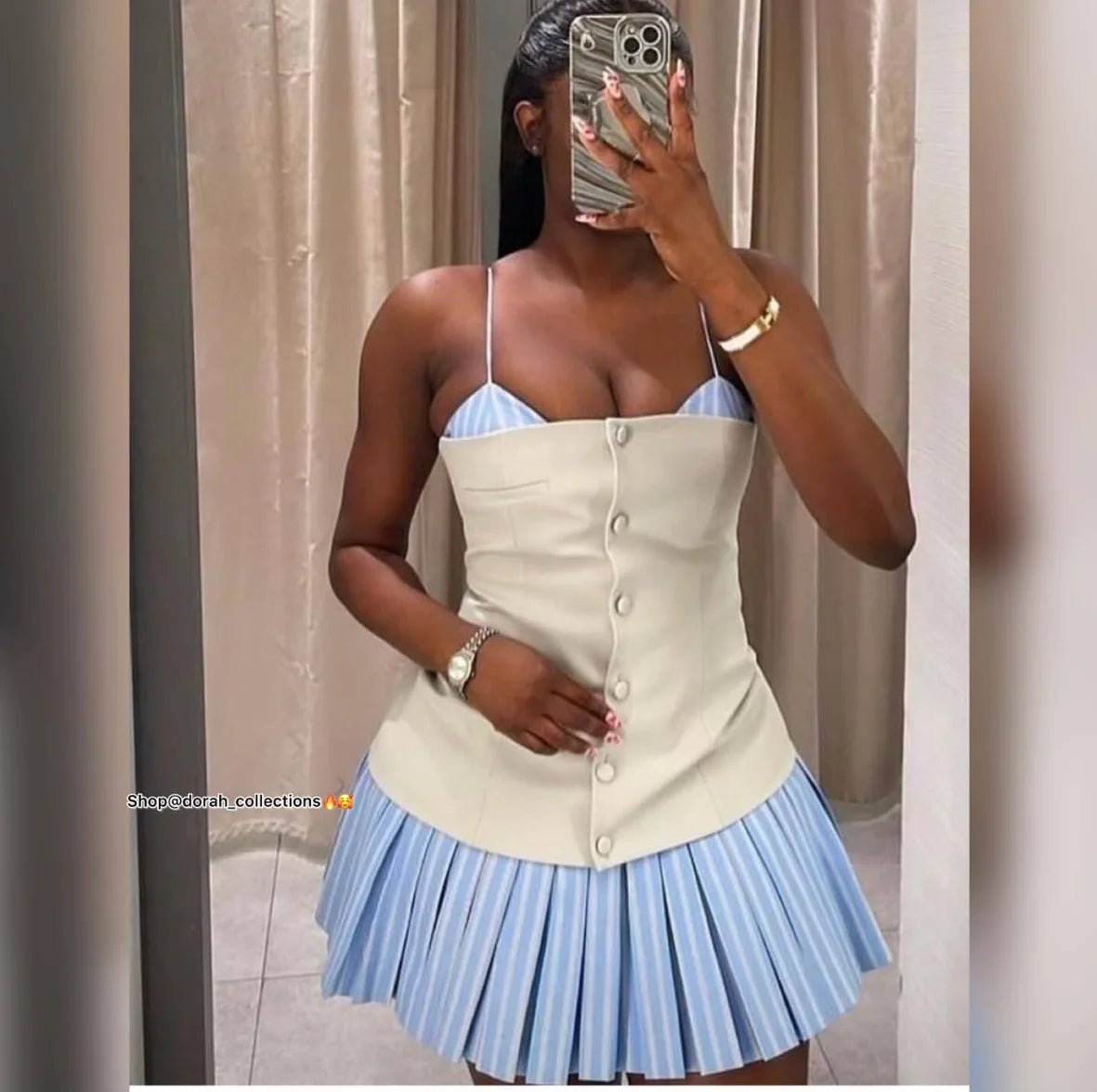 SOERA Trina Striped Pleated Corset Mini Dress - Dress - SOERA-657923-KHA-L-78371 Blue L