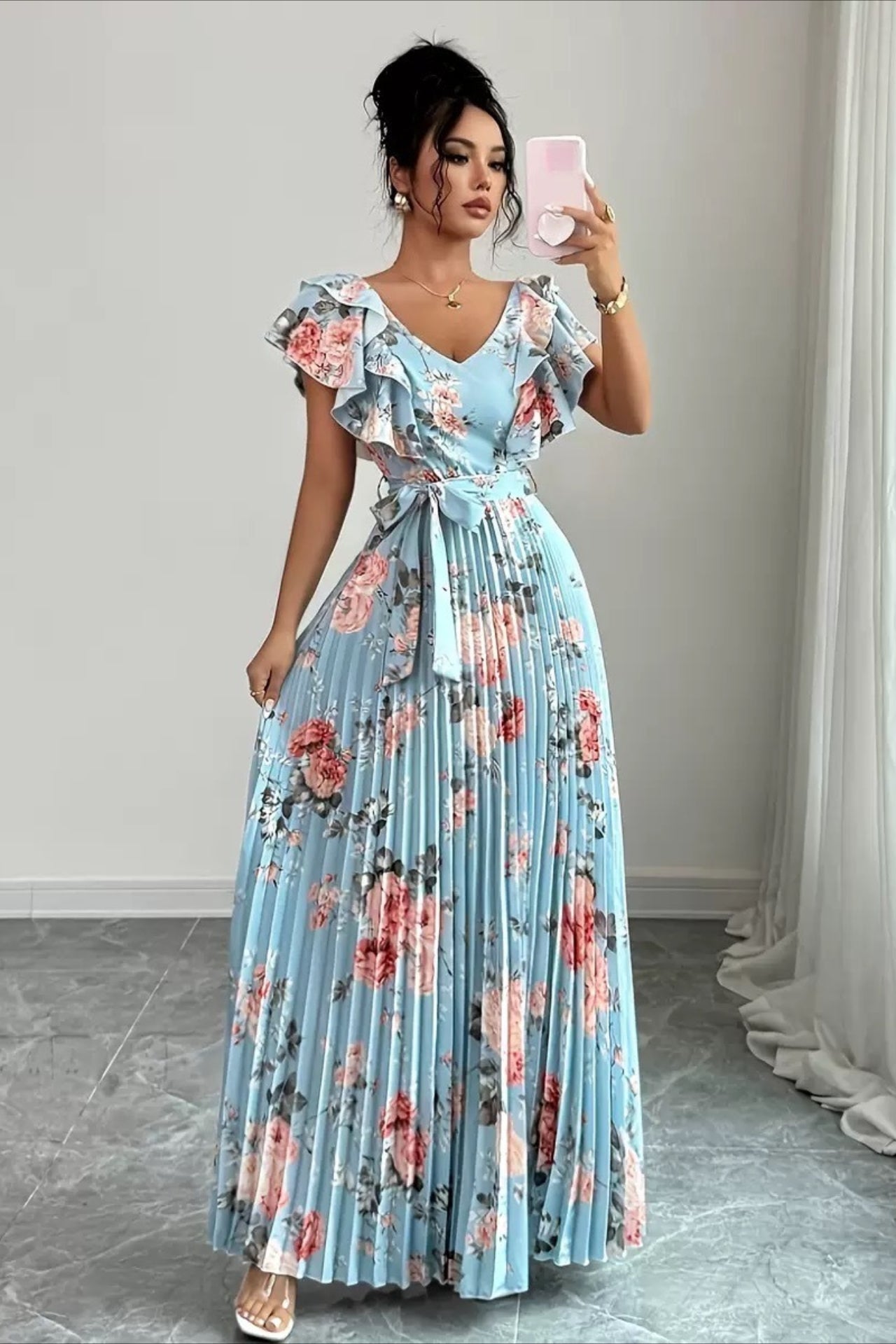 SOERA Valentina Floral V - Neck Ruffle Sleeve Maxi Dress - Dress -  Beige XS