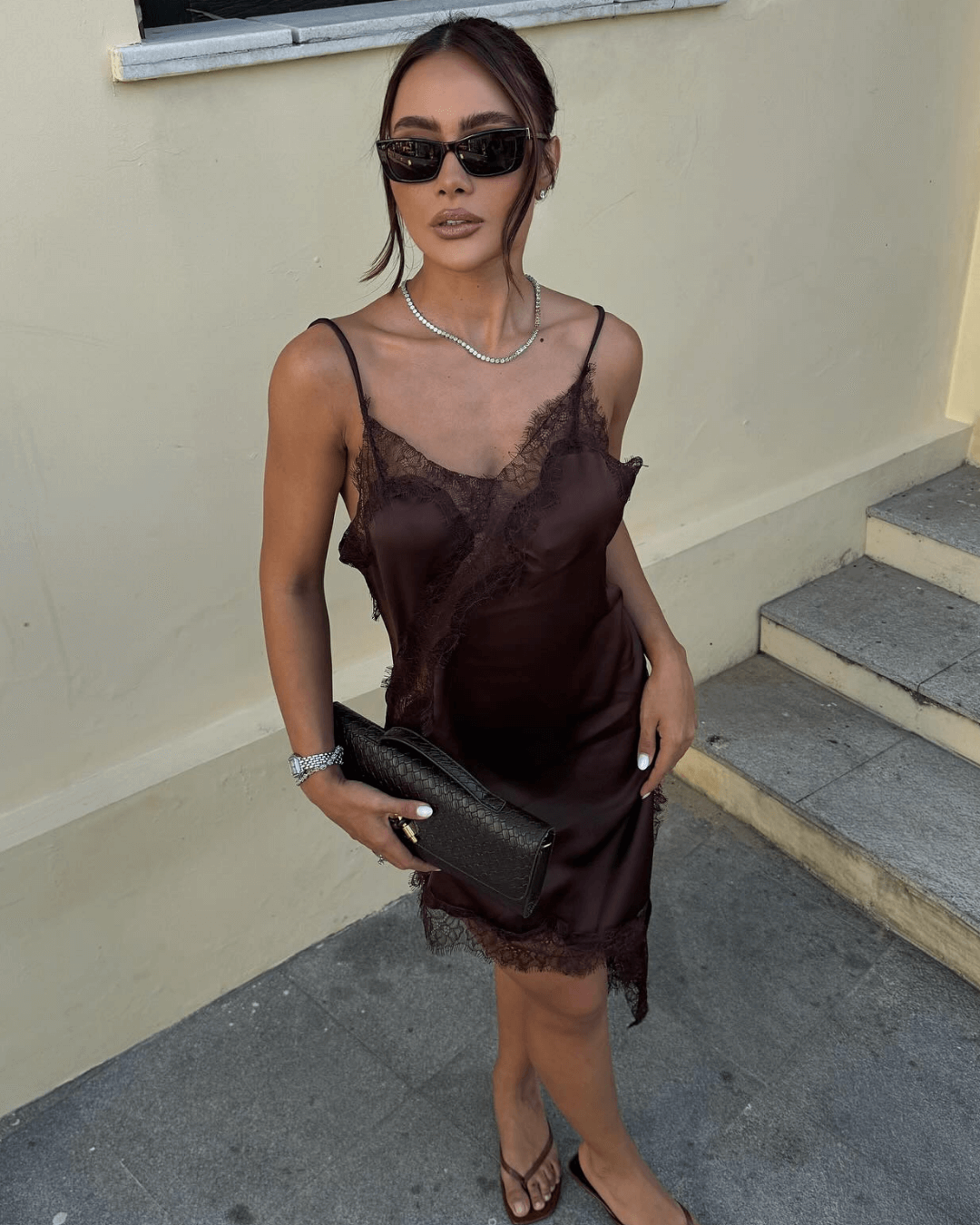 SOERA Arah Asymmetric Satin Lace Midi Dress - Dresses - cJ1760544073336085984 Brown Dress L