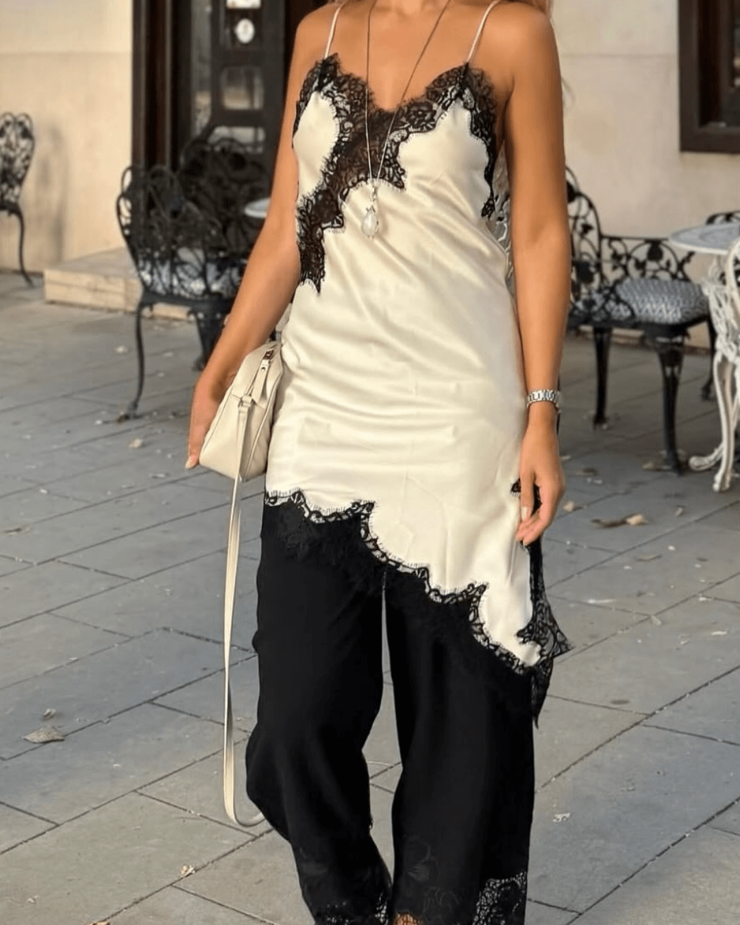 SOERA Arah Asymmetric Satin Lace Midi Dress - Dresses - wl1760544073336401651 Black White M