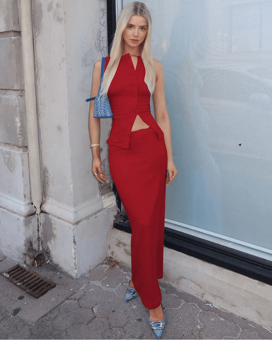 SOERA Beatrice Ribbed Single-Breasted Top & Maxi Skirt Set - Dresses -  Blue XS