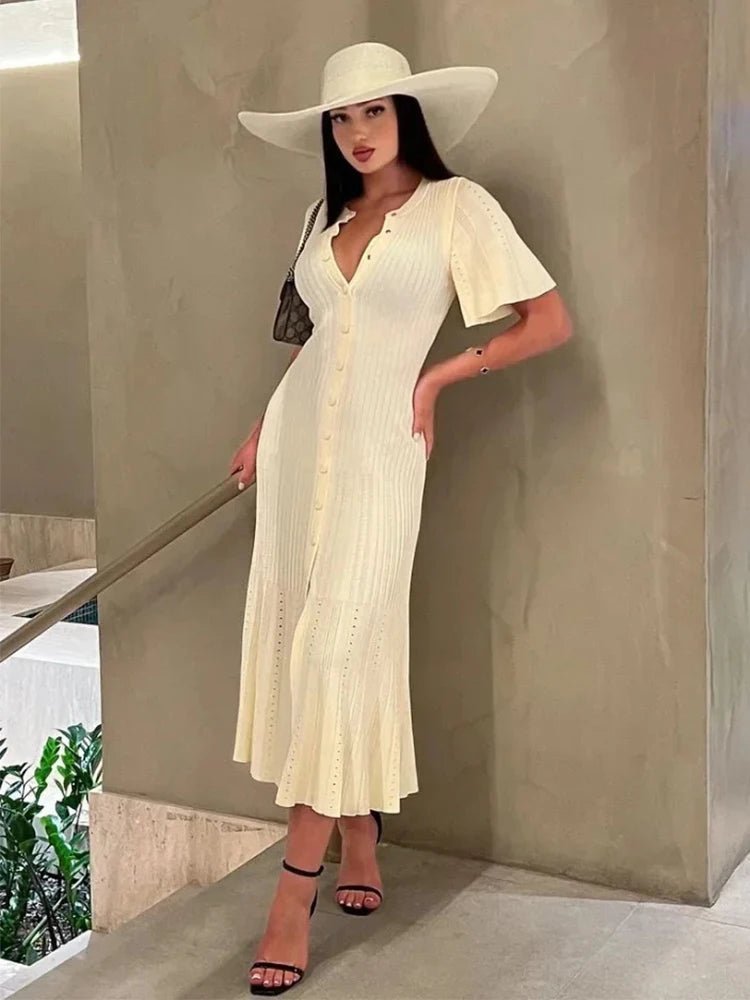 SOERA Bianca Bell Sleeve Pleated Knit Midi Dress - Dresses -  Beige S