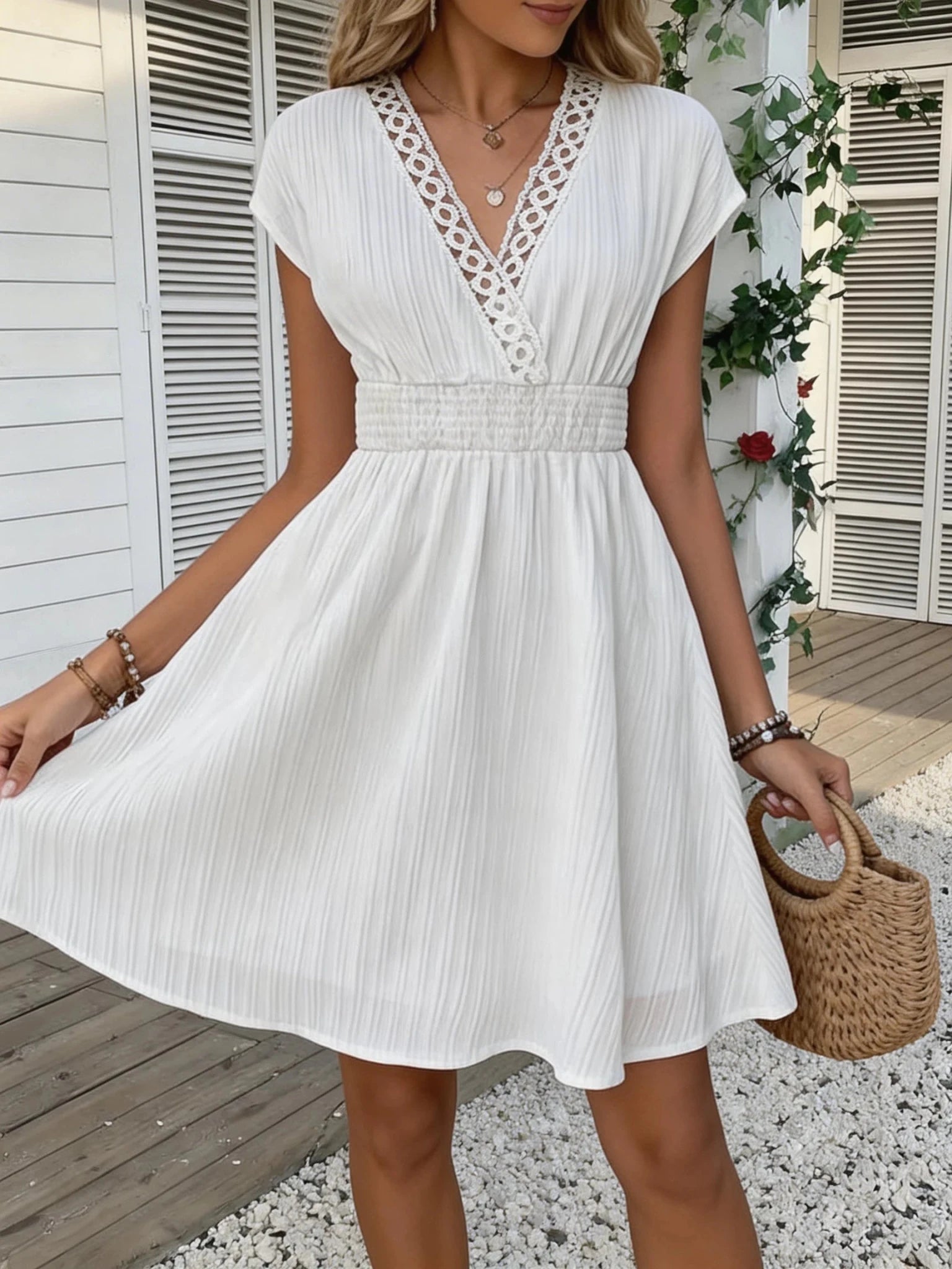 Ilaria French Lace V-Neck Fitted Dress - Lace Fitted Dress for Women - French Lace Bodycon Dress