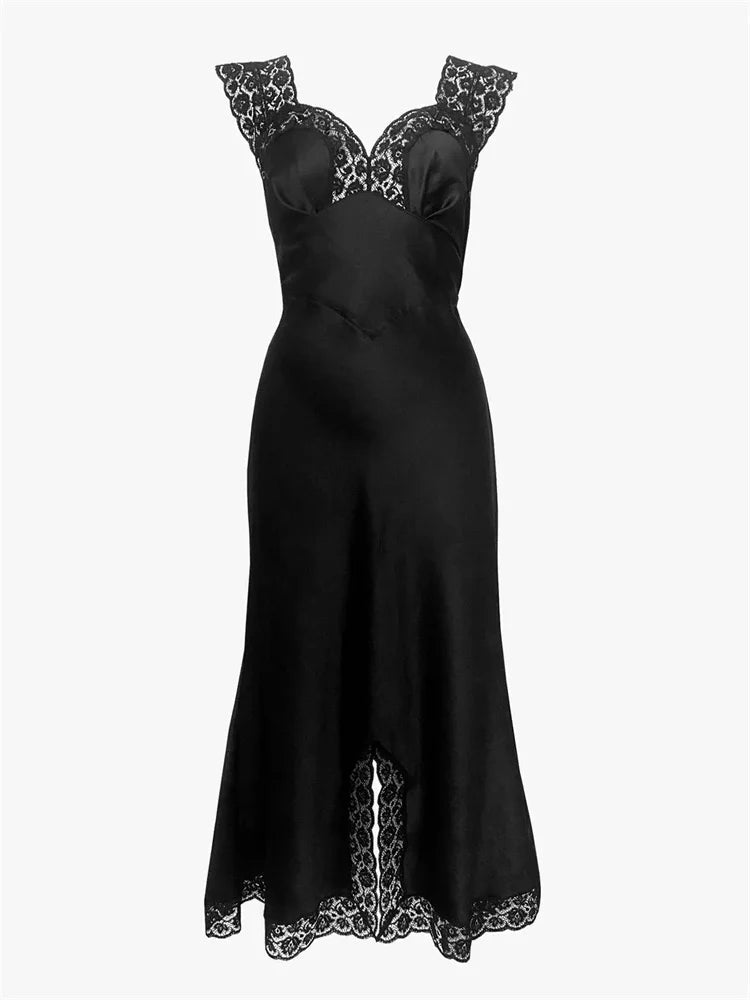 SOERA Joanna Satin Lace Long Dress - Dresses - 1005009954790316-;vT1775118759074241593 Black White S