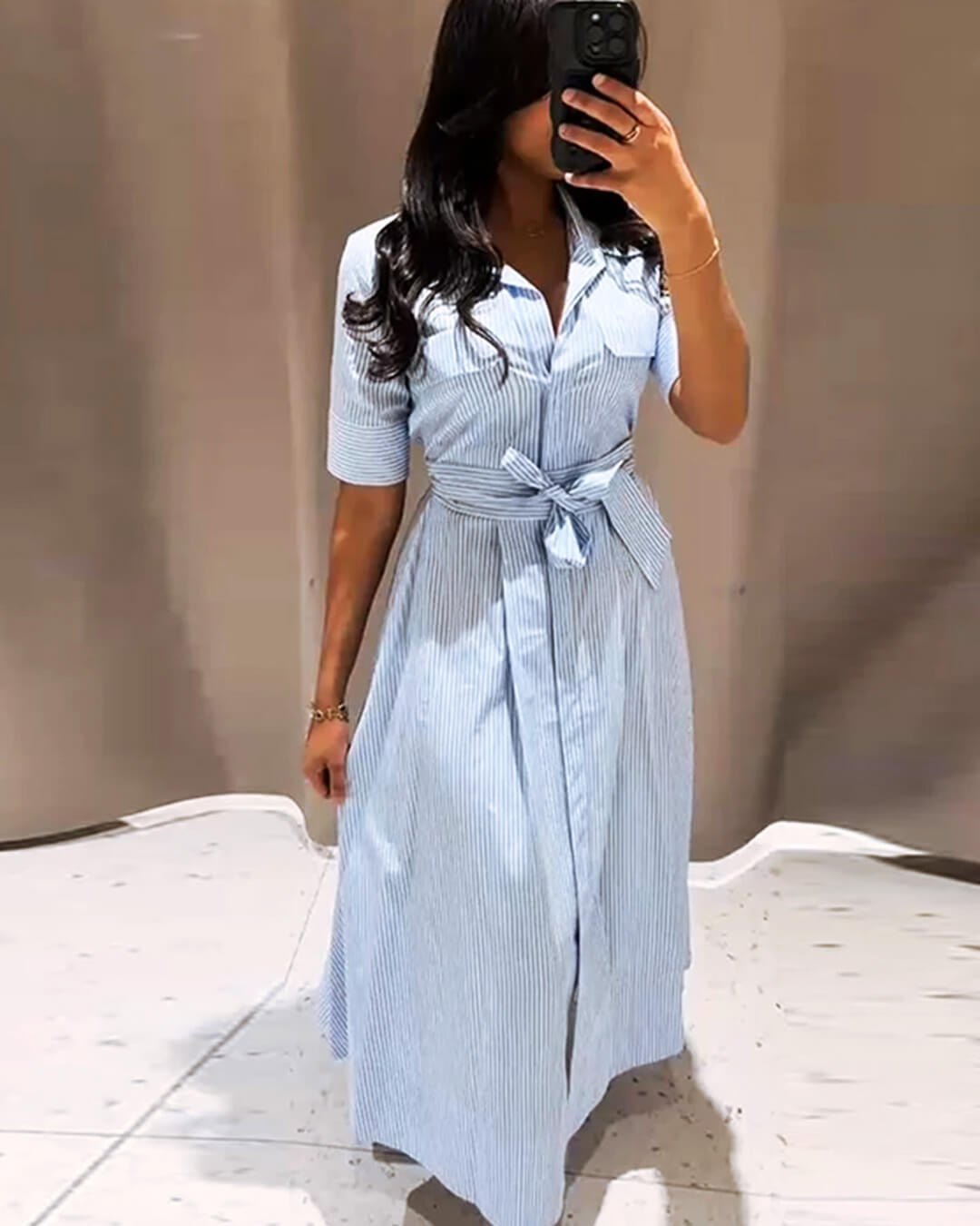 SOERA Katniss Striped Lace-Up Collar Maxi Dress - Dresses - SOERA-083779-BLU-S-58115 Blue S