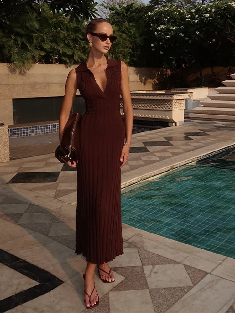 SOERA Lise Sleeveless Knitted Pleated Maxi Dress - Dresses -  Brown XS