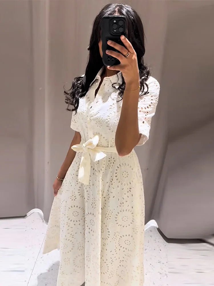 SOERA Merida Embroidered Belted Midi Dress - Dresses -  White XS