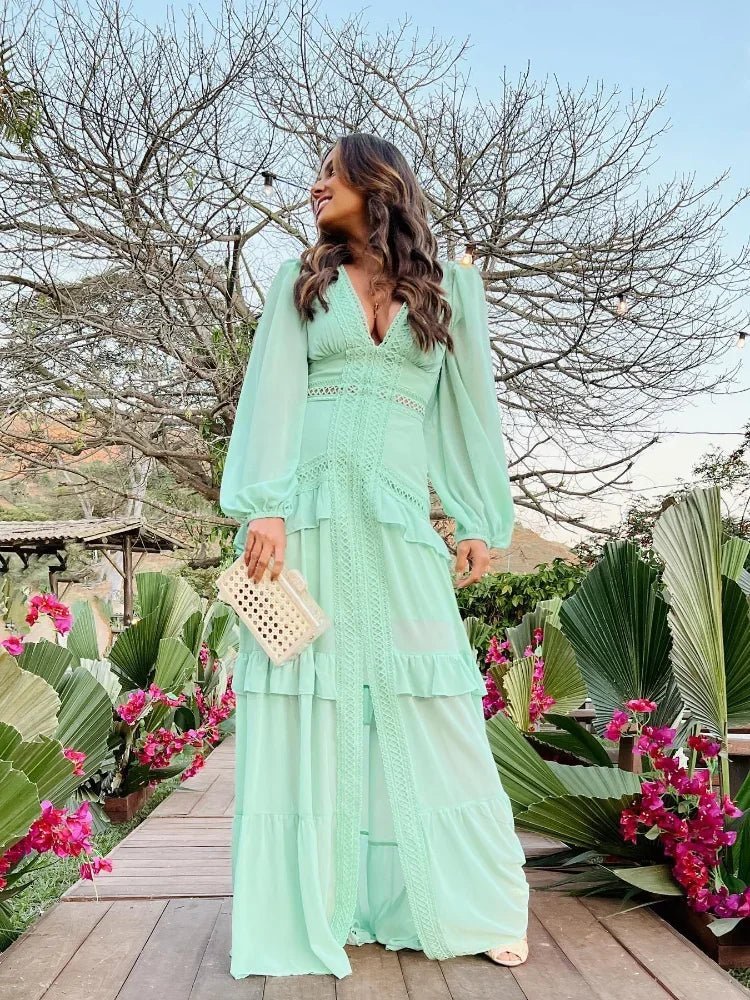 SOERA Molly Deep V-Neck Ruffle Maxi Dress - Dresses -  Light Blue S
