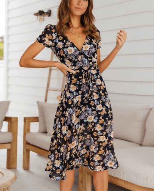 SOERA Mona V - Neck Floral Midi Dress - Dresses - yB1775807456249499457 Black S