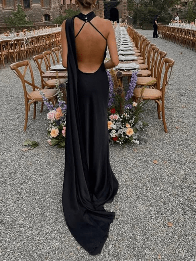 SOERA Raisa Satin Ribbon Backless Evening Gown - Dresses -  Black S