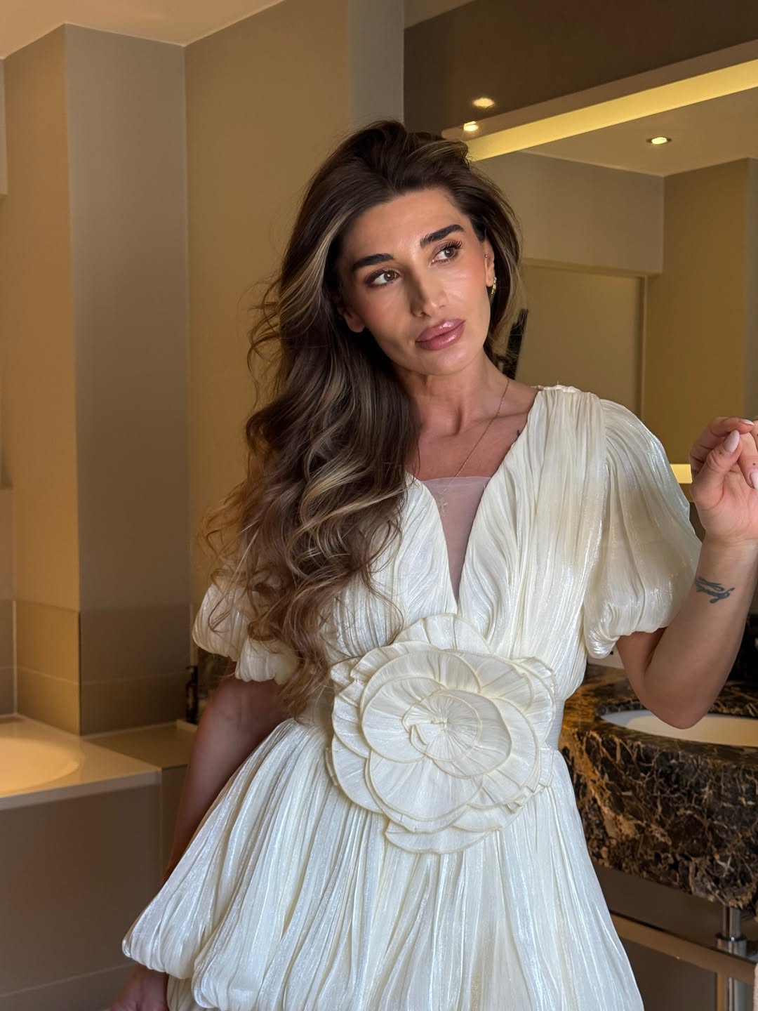 SOERA Rosette Puff Sleeve Bubble Hem Mini Dress - Dresses -  Ivory M