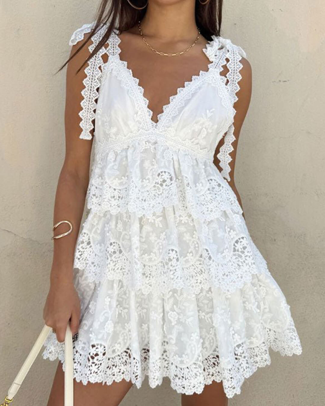 SOERA Sophia V - Neck Tiered Lace Mini Dress - Dresses -  White XS