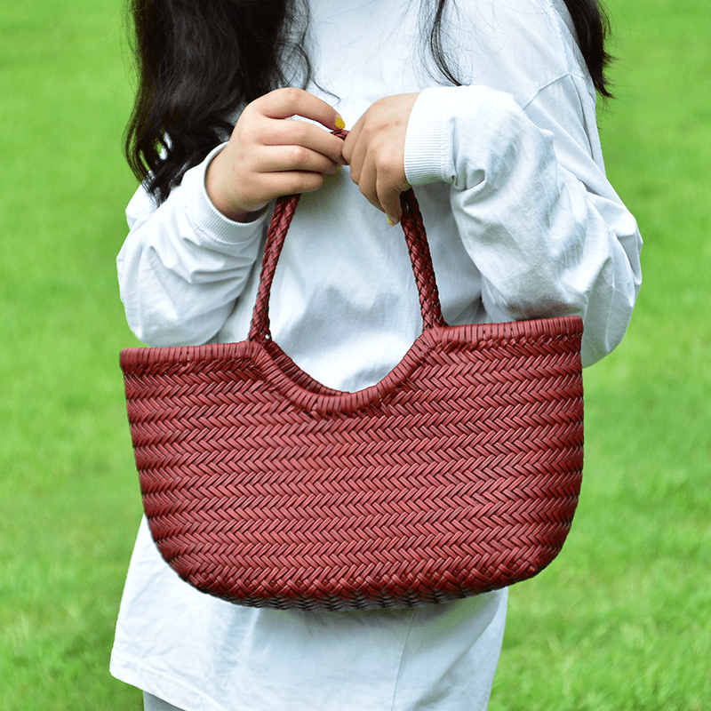 SOERA Beatrice Woven Leather Tote Bag - Handbags -  Burgundy Small