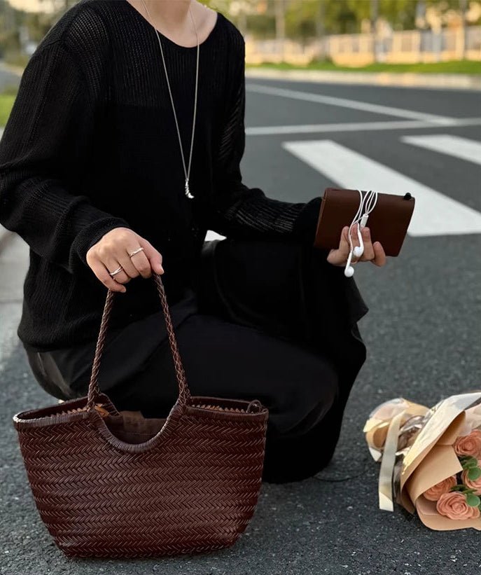 SOERA Bianca Handwoven Leather Tote Bag - Handbags -  Coffee Large