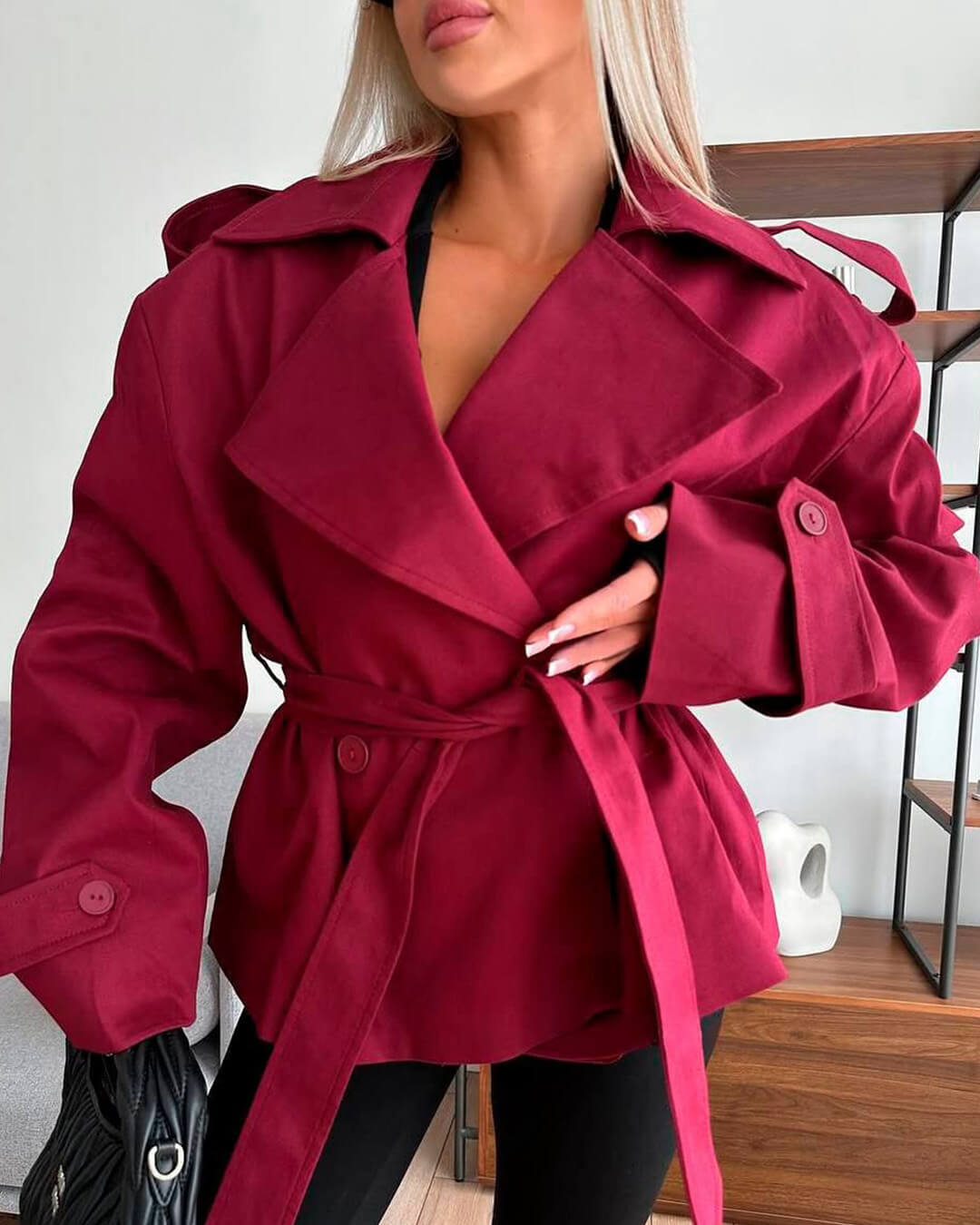 SOERA Dorothy Lace Up Short Trench Coat - Jackets - 1005011800038387-;bV1774869391306289689 Wine Red M