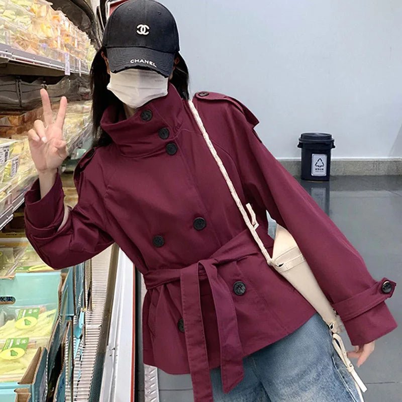 SOERA Kara Stand Collar Belted Crop Trenchcoat - Jackets - 1005009693239722-;dD1771494648611088341 Burgundy XS