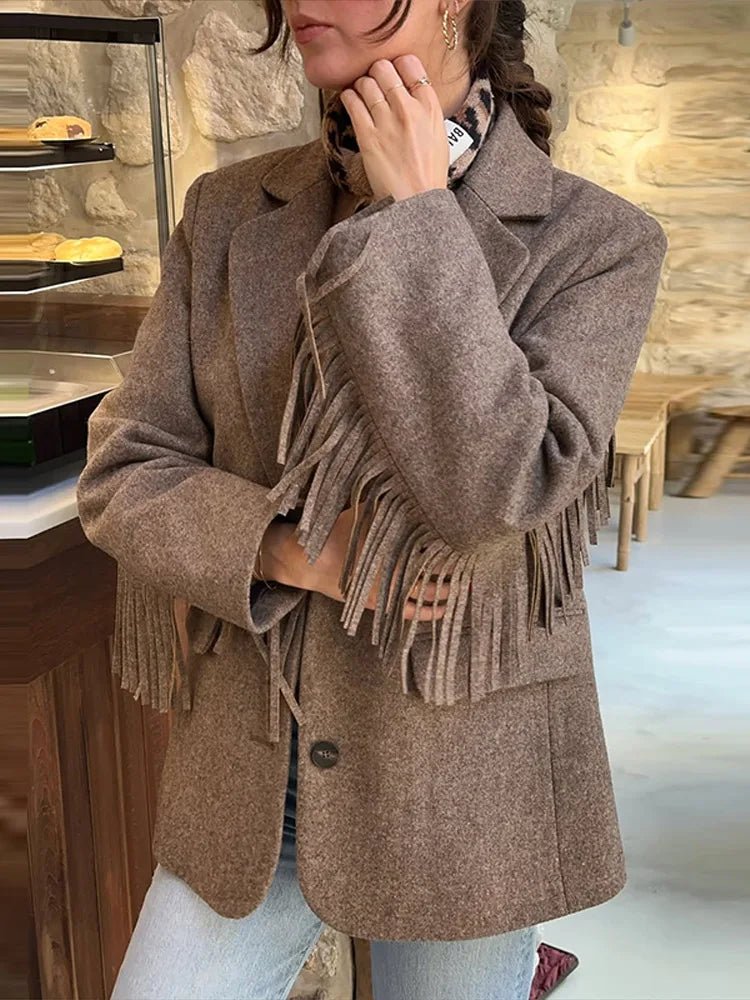SOERA Marcelle Fringed Blazer Jacket - Jackets - 1005010340456789-;Yo1770053333910524575 Brown S