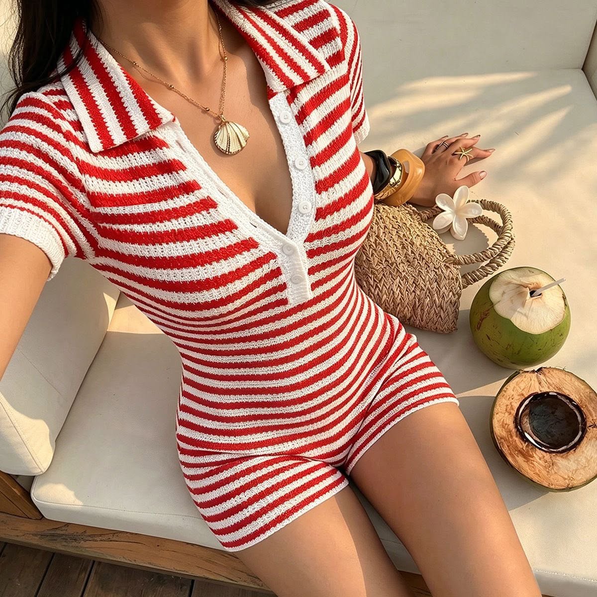 SOERA Jessica Striped Knit Romper - Jumpsuit - SOERA-623939-DEF-OS-23172 Red S