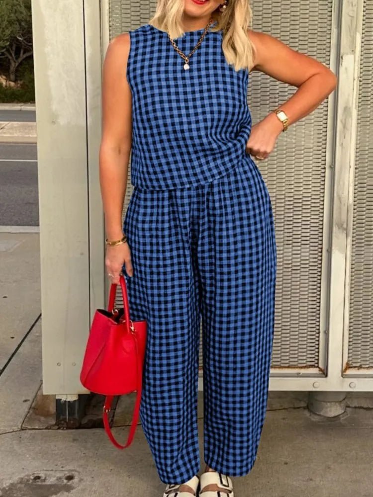 SOERA Zara Plaid Sleeveless Vest Nine Point Pants Set - Jumpsuits & Rompers -  Blue S