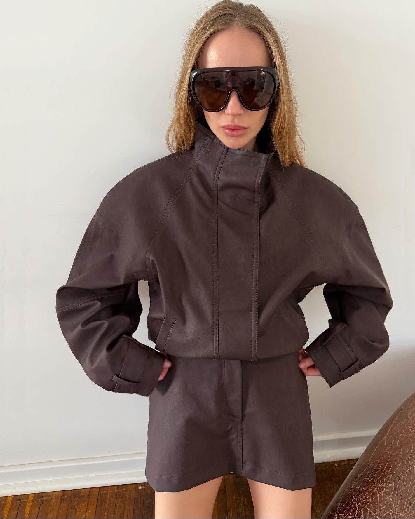 SOERA Lara Suede Cropped Coat & Mini Skirt Set - Matching Set - SOERA-200323-BRO-L-84899 Choco Brown Cropped Coat & Mini Skirt Set