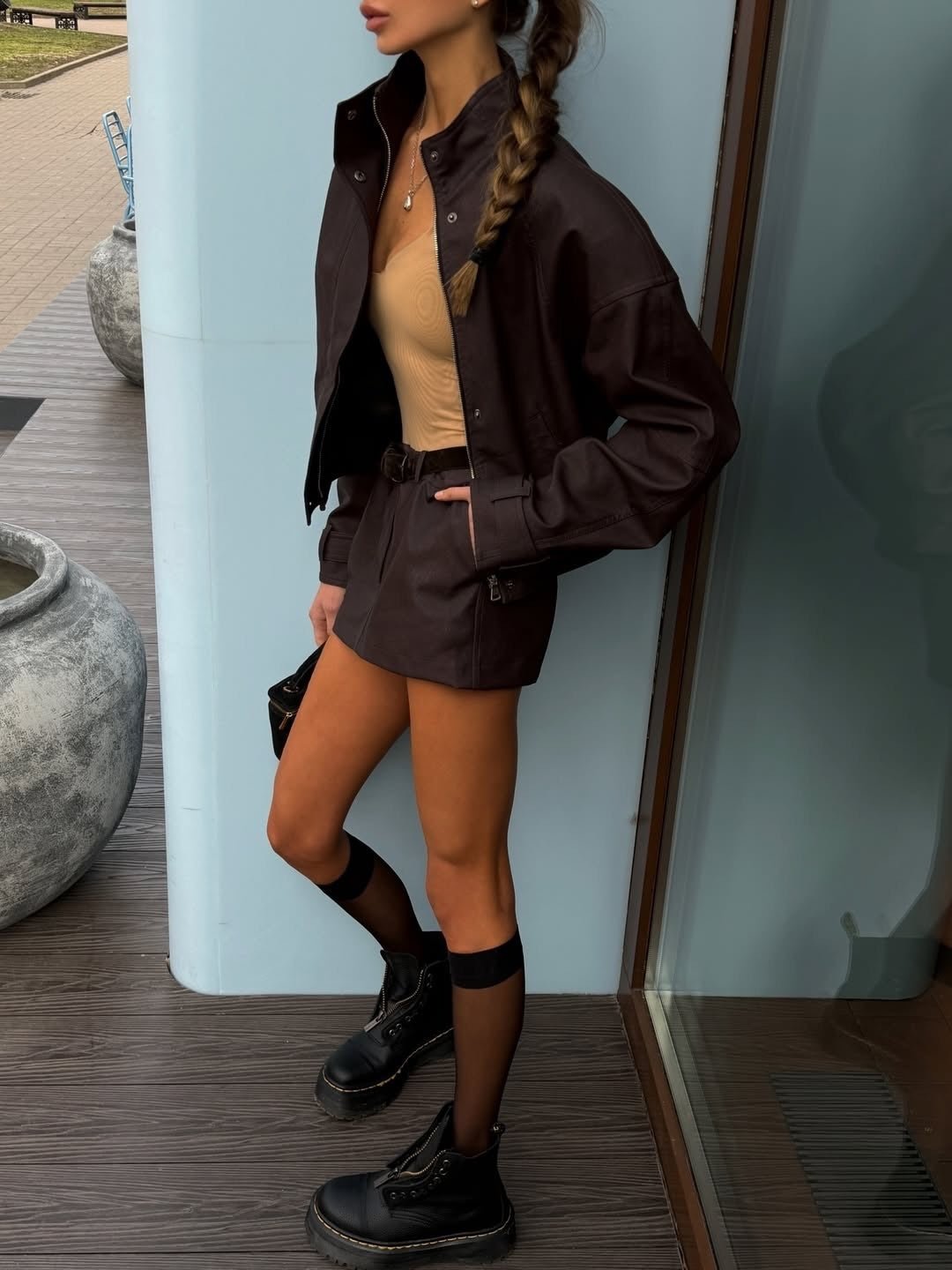 SOERA Lara Suede Cropped Coat & Mini Skirt Set - Matching Set - SOERA-200323-BRO-L-84899 Cropped Coat & Mini Skirt Set Brown