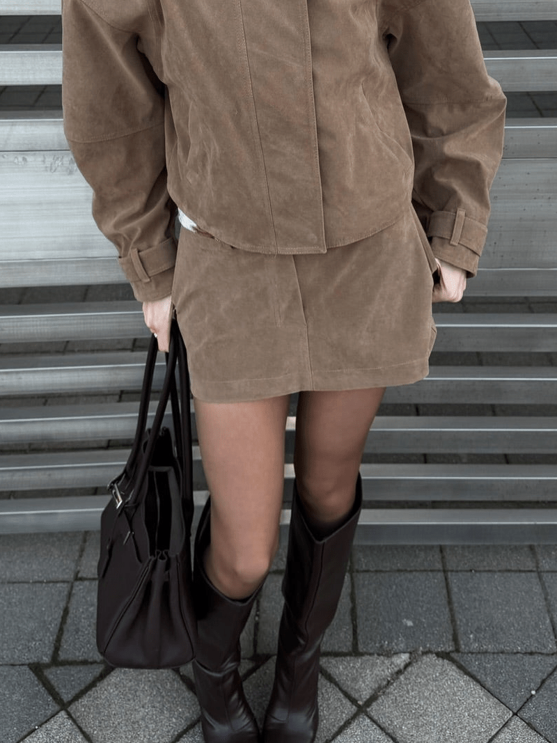 SOERA Lara Suede Cropped Coat & Mini Skirt Set - Matching Set - SOERA-200323-KHA-L-86595 Cropped Coat & Mini Skirt Set Beige