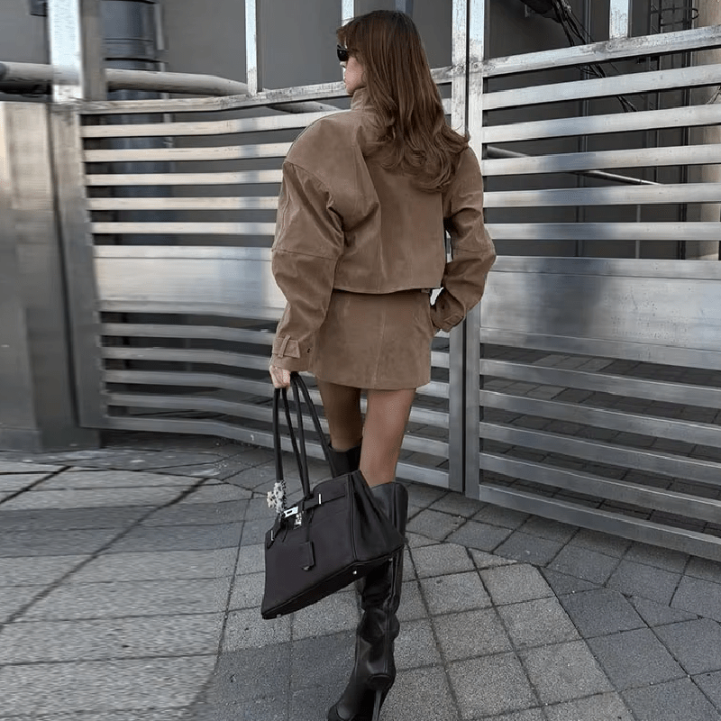 SOERA Lara Suede Cropped Coat & Mini Skirt Set - Matching Set - SOERA-200323-KHA-S-21059 Cropped Coat & Mini Skirt Set Beige