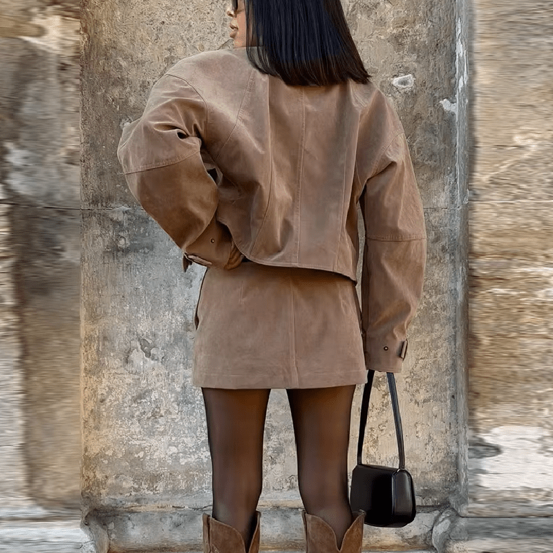 SOERA Lara Suede Cropped Coat & Mini Skirt Set - Matching Set - SOERA-200323-KHA-S-21059 Cropped Coat & Mini Skirt Set Beige