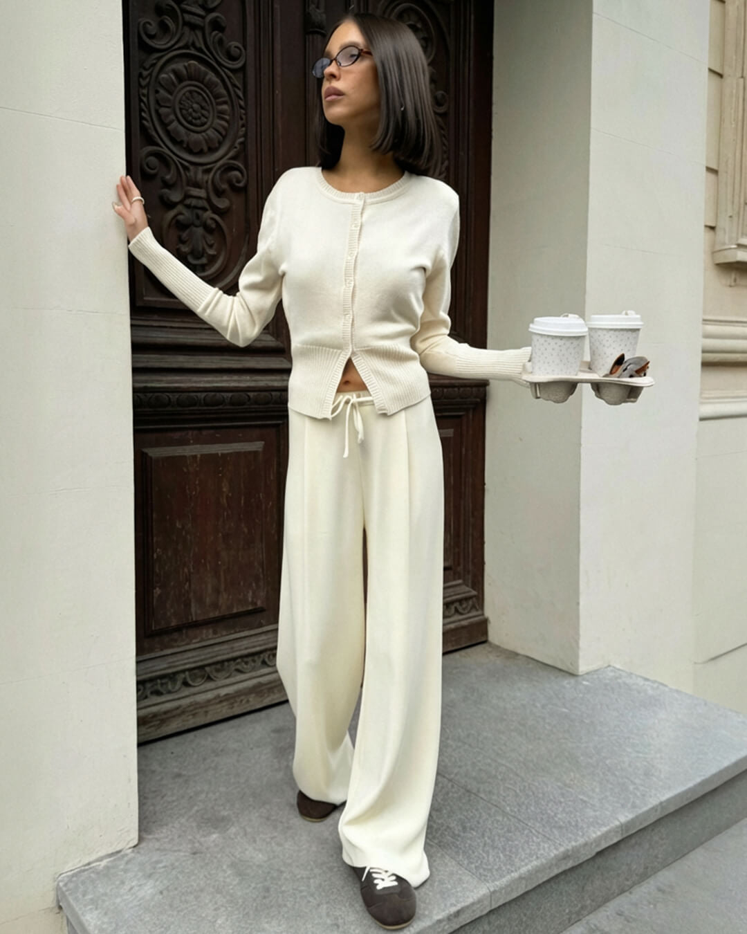 SOERA Aimee Knitted Cardigan and Trousers Set - Matching Sets - 1005010028328385-;JG1769414229240666194 White L