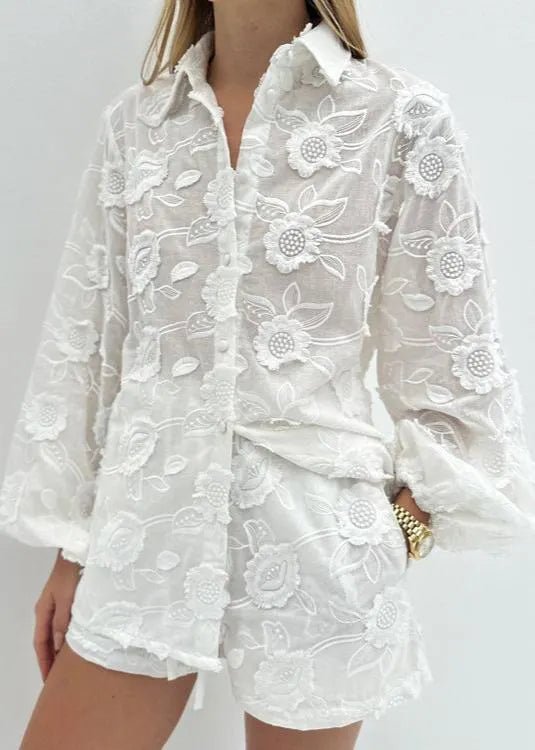 SOERA Beatrice Sheer Embroidered Shirt & High - Waist Shorts Set - Matching Sets -  S