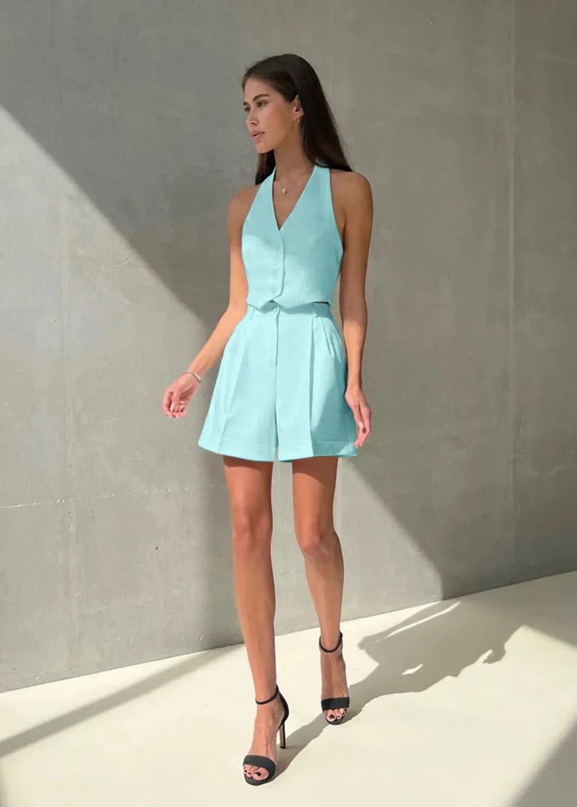 SOERA Bianca Tailored Halter Vest & Shorts Set - Matching Sets -  Blue S