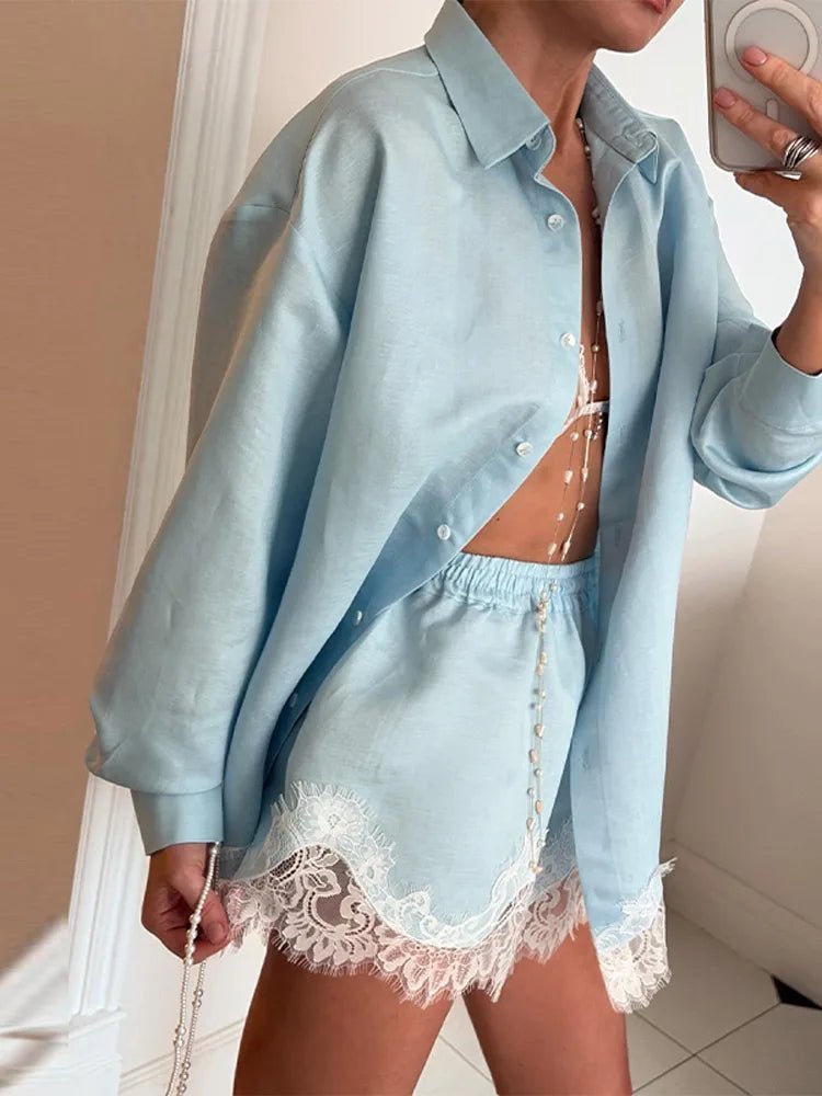 SOERA Celeste Lace Patchwork Beach Shirt Set - Matching Sets -  Blue S