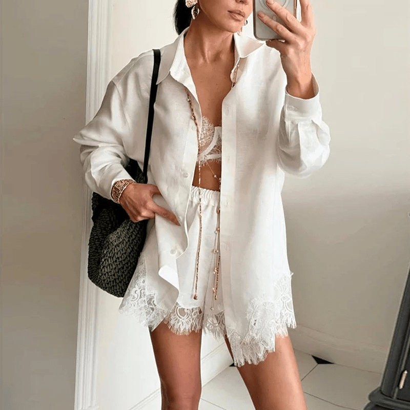 SOERA Celeste Lace Patchwork Beach Shirt Set - Matching Sets - SOERA-703875-WHI-S-69635 White S