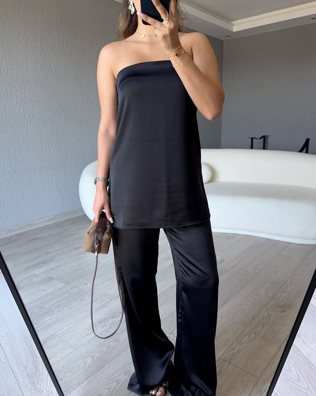 SOERA Claudine Satin Bandeau Pants Suit - Matching Sets - pE1774004001182574460 Black S