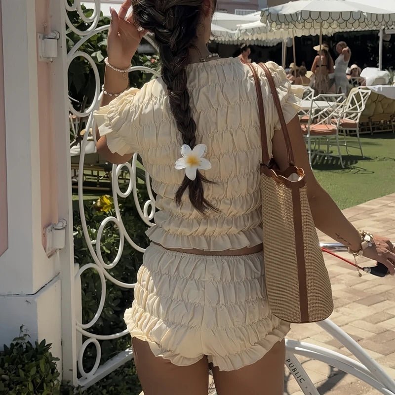 SOERA Elena Elastic Smocked Short Set - Matching Sets - 1005009535638263-;Yo1774869404007052650 Beige S