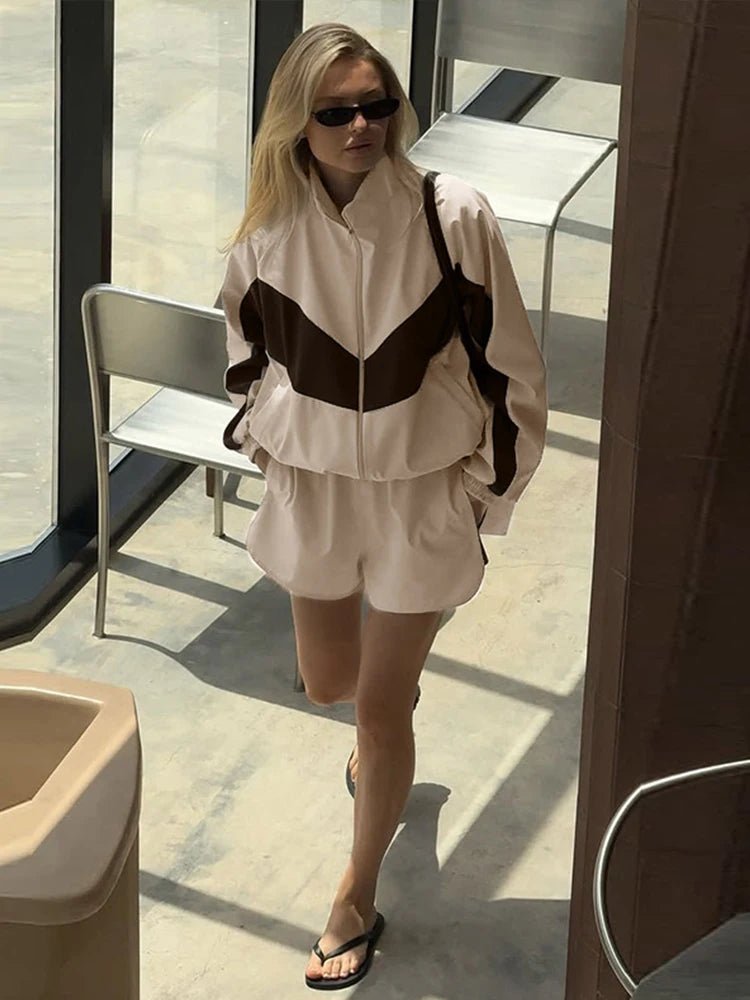 SOERA Erica Colorblock Jacket and Shorts Sport Set - Matching Sets - SOERA-311875-BEI-S-78851 Beige S