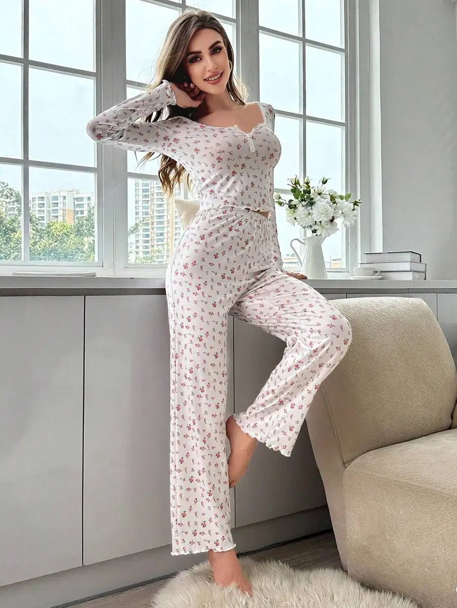 Langarm-Pyjama-Set mit Blumenmuster