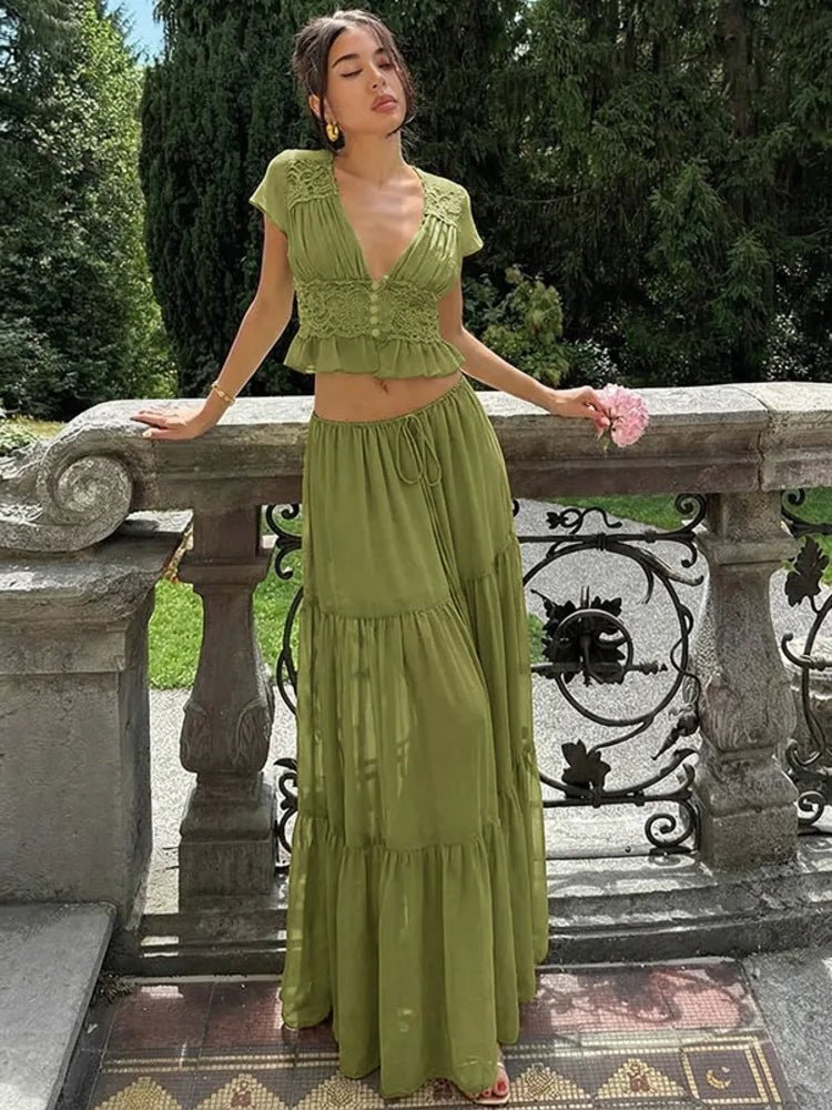 SOERA Morrigan Lace Chiffon Top & Skirt Set - Matching Sets -  Green XS